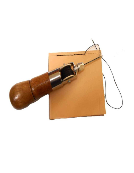 Awl with thread for sewing leather. Tool for sewing leather